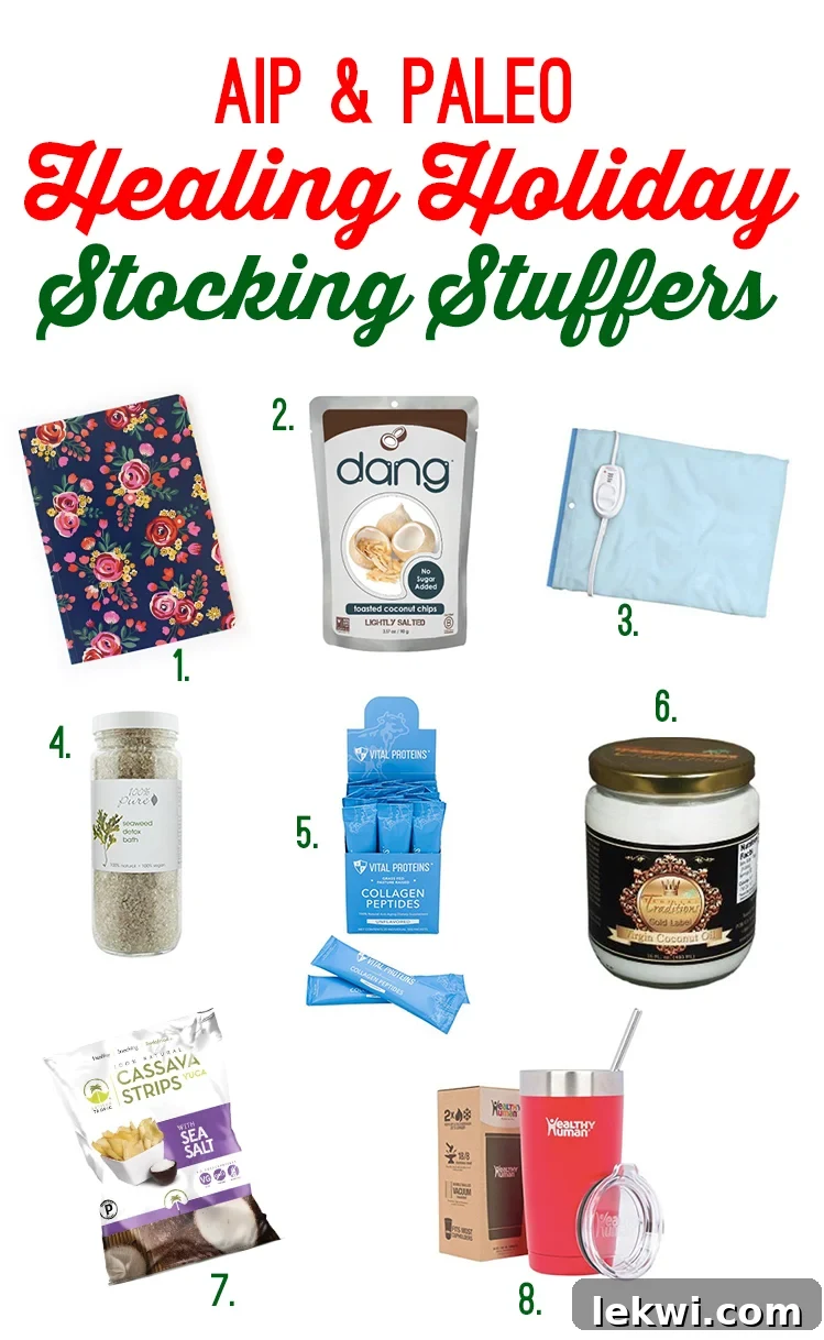 A collage of stocking stuffers featuring a journal, a heating pad, coconut oil, collagen peptides, and paleo snacks. The items are thoughtfully arranged to represent a healing and wellness-focused holiday gift guide.