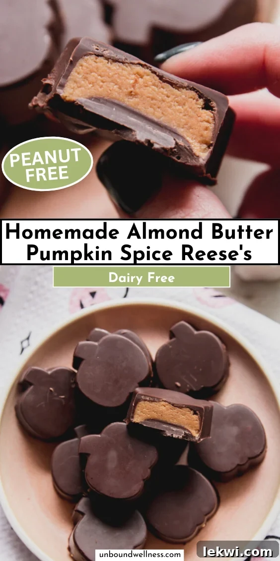 A collage of homemade almond butter pumpkin spice Reese's cups, showcasing their festive appearance and deliciousness.