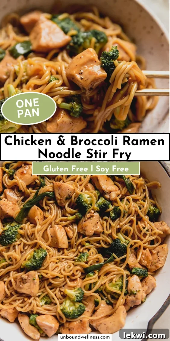 A beautifully presented image showcasing the title 'Chicken Broccoli Ramen Noodle Stir Fry' with an enticing photo of the dish.