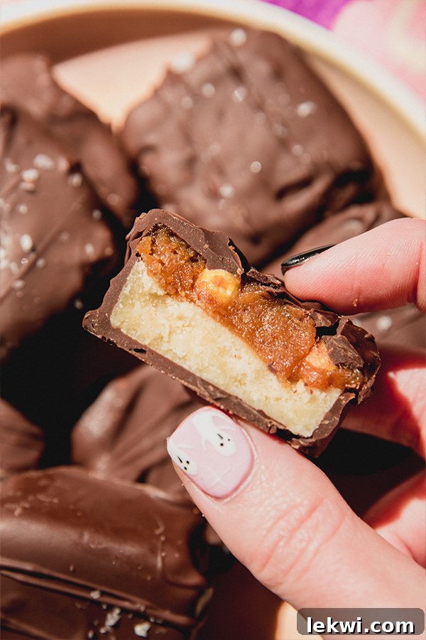 A mini Snickers bar cut in half, revealing the perfectly layered nougat, caramel, and peanut filling.
