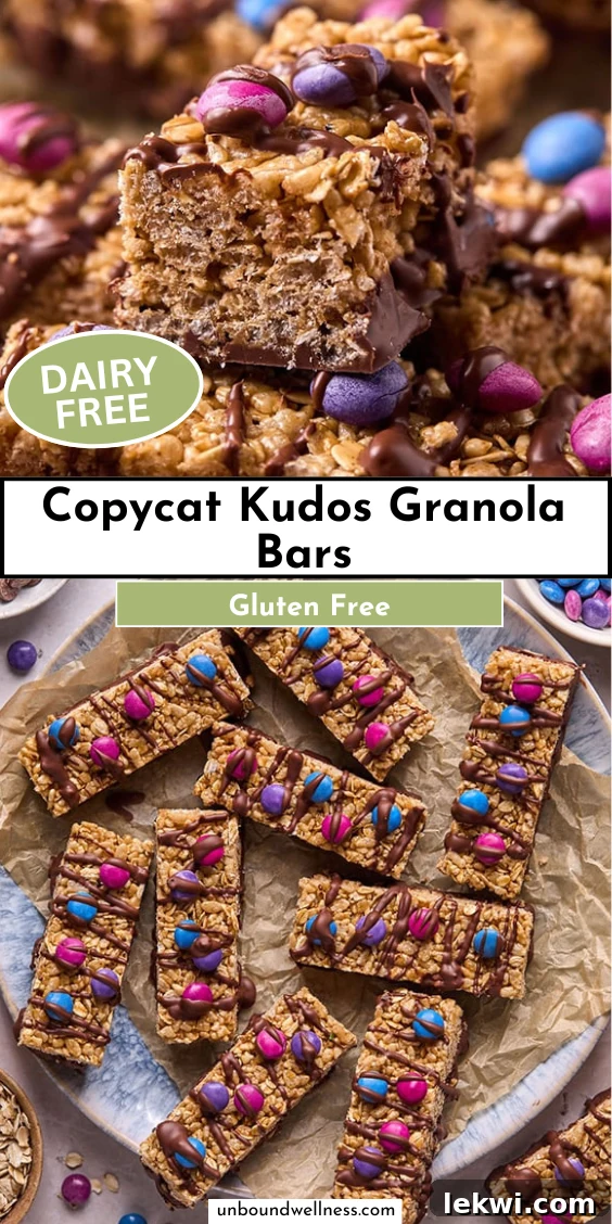 A stunning vertical banner image showcasing the delicious Copycat Kudos Granola Bars, perfect for sharing on social media.