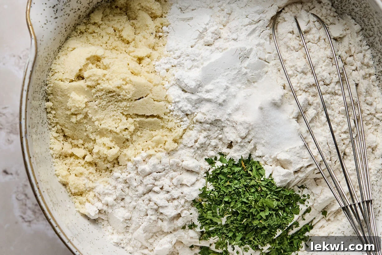 Gluten-free dumpling ingredients, dry and wet, laid out separately in bowls.