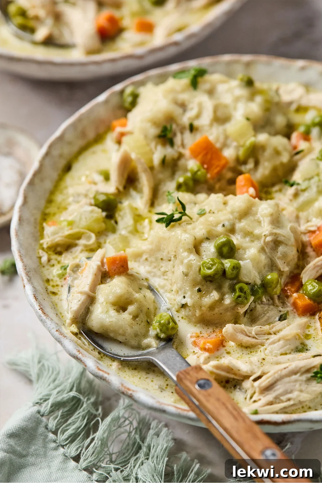 A close-up of gluten-free chicken and dumplings in a bowl, with a spoon slicing into a fluffy dumpling.