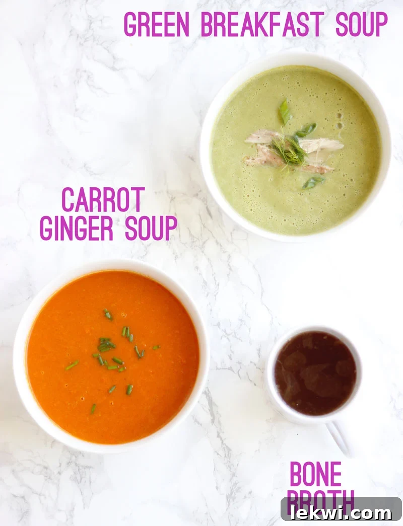 Two bowls of nourishing, homemade soups, ideal for batch cooking and gut healing.