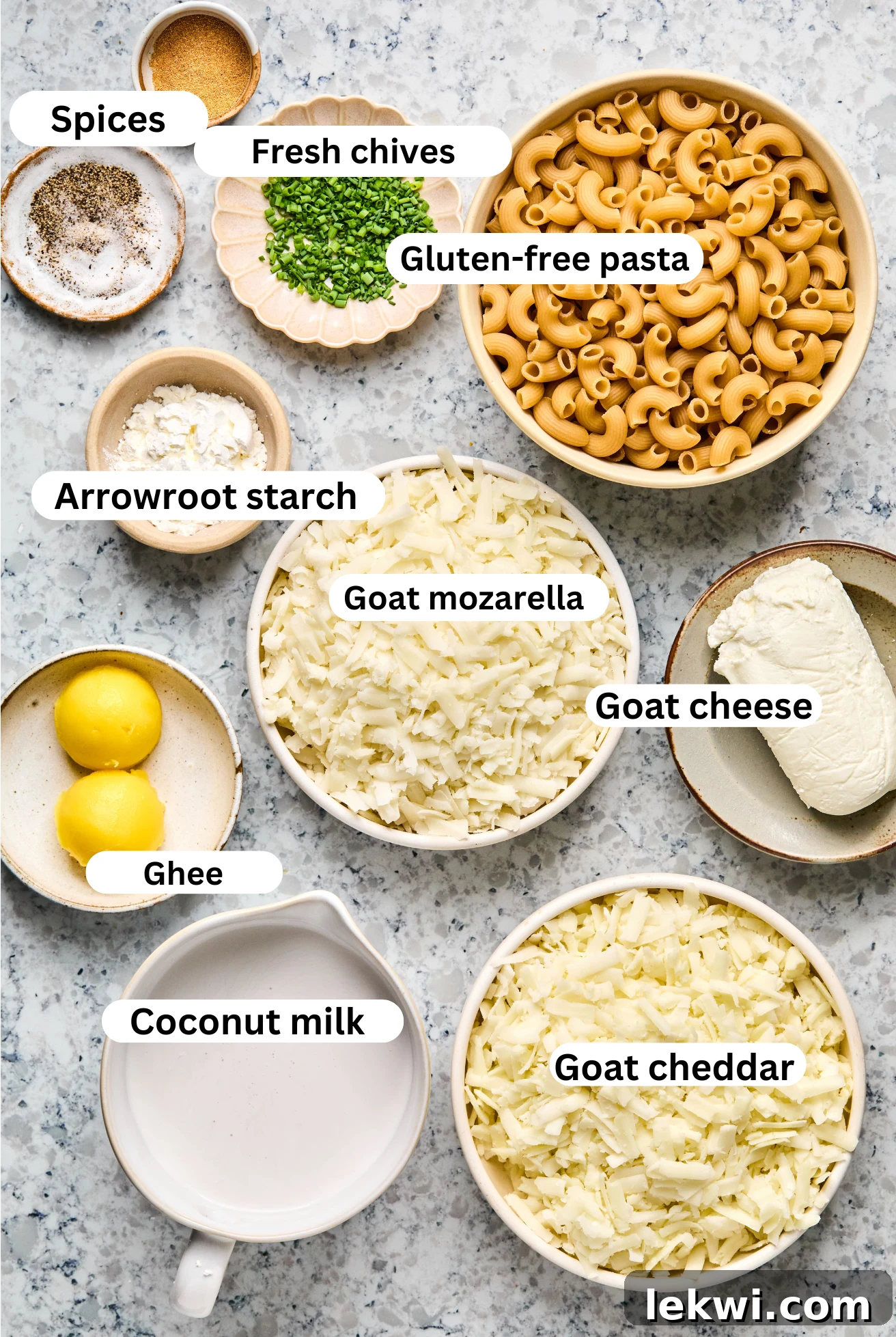 All the ingredients for goat cheese mac and cheese before cooking