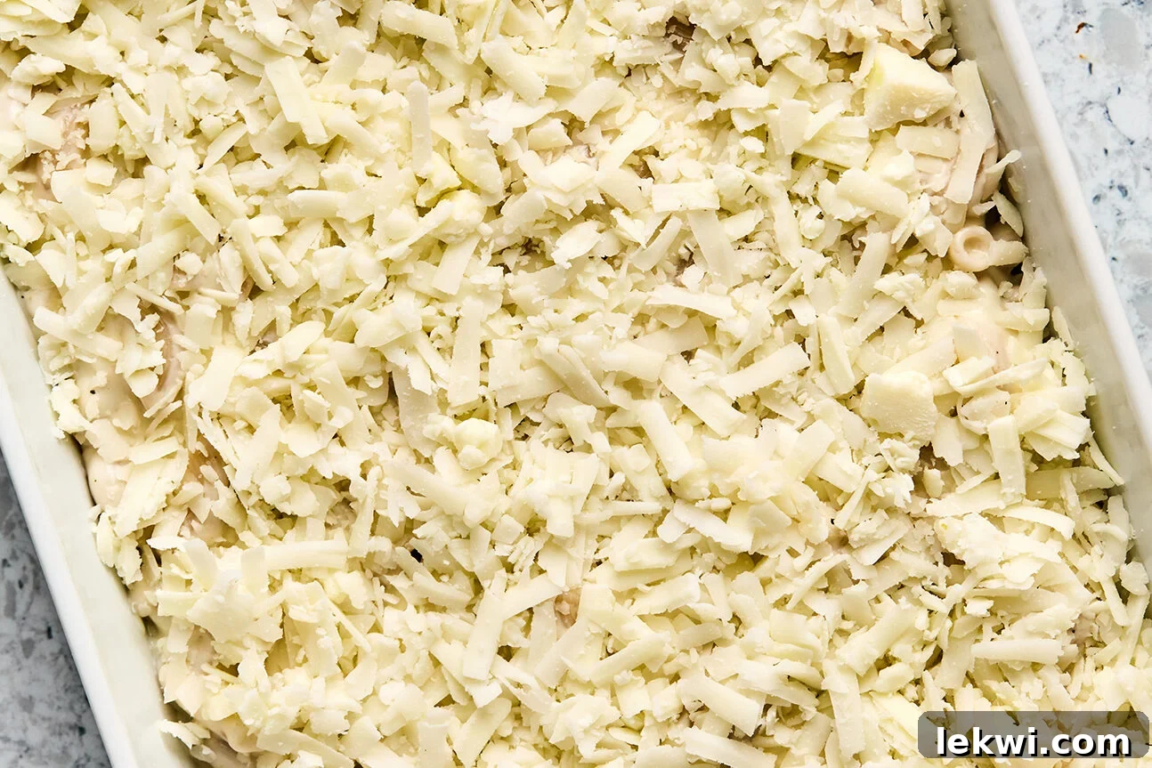 A pan of goat cheese mac and cheese with unmelted cheese on top.