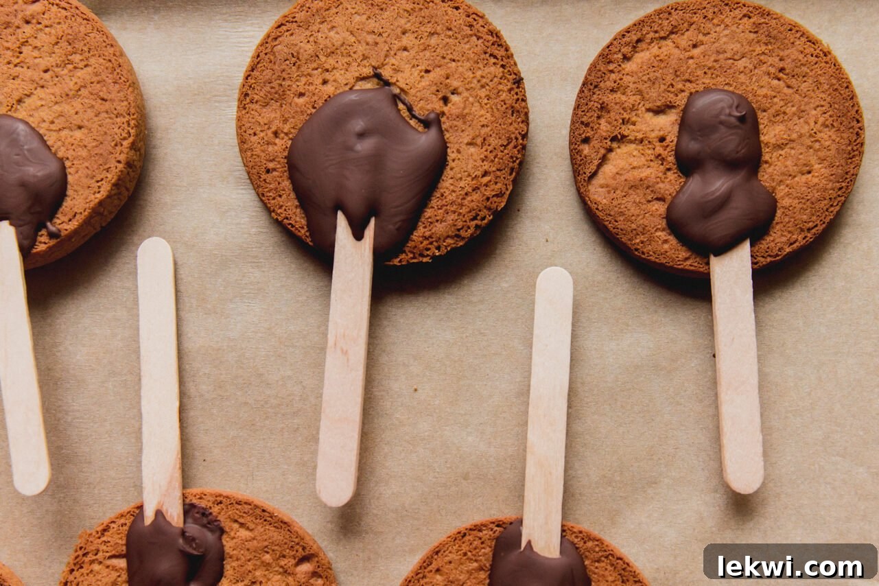 Gingerbread cookies with popsicle sticks attached to the back using melted chocolate.