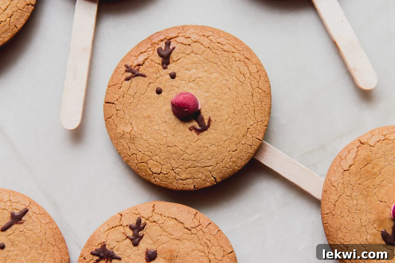 Several decorated reindeer gingerbread cookies arranged on a platter.