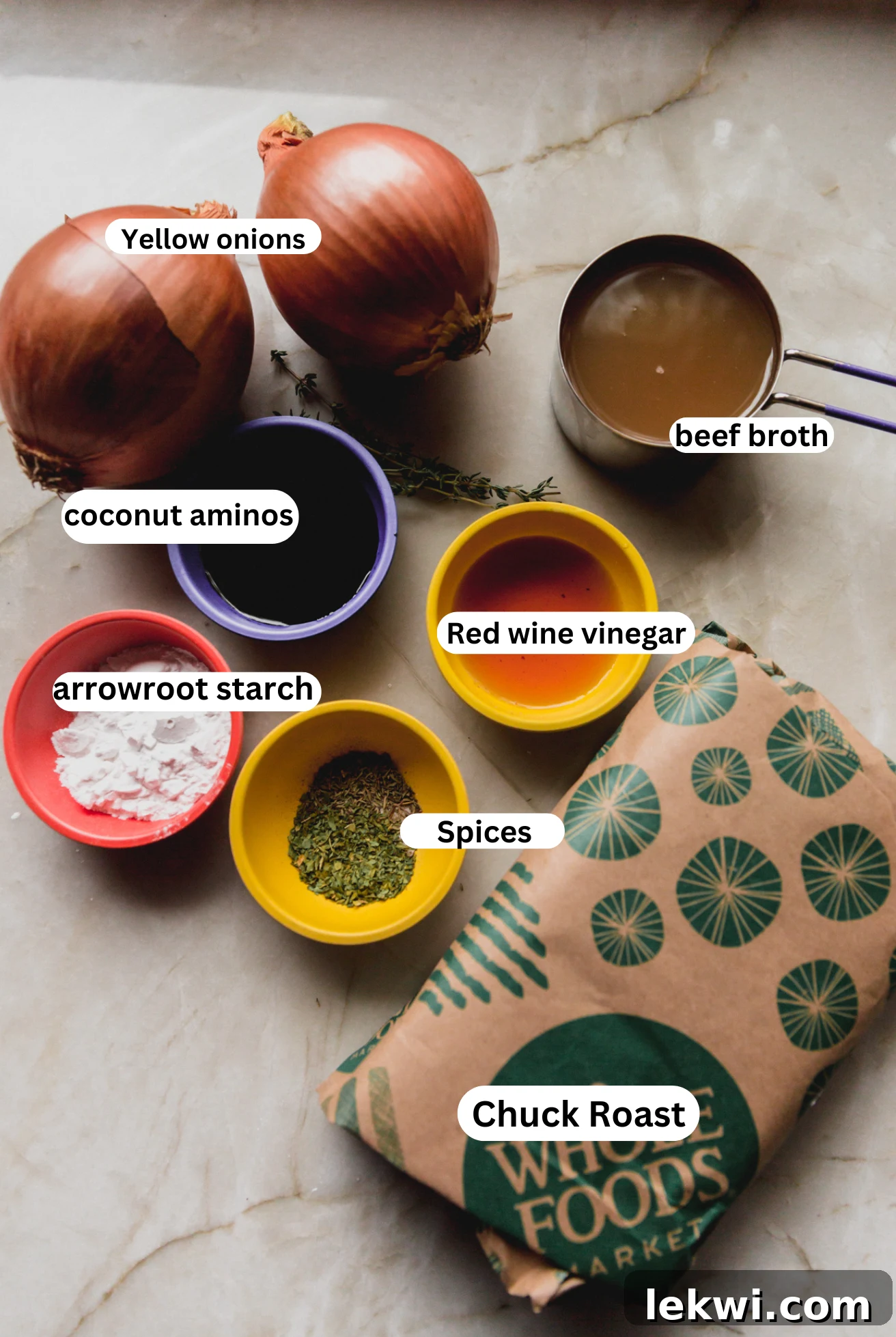 All the ingredients needed to make French onion pot roast.