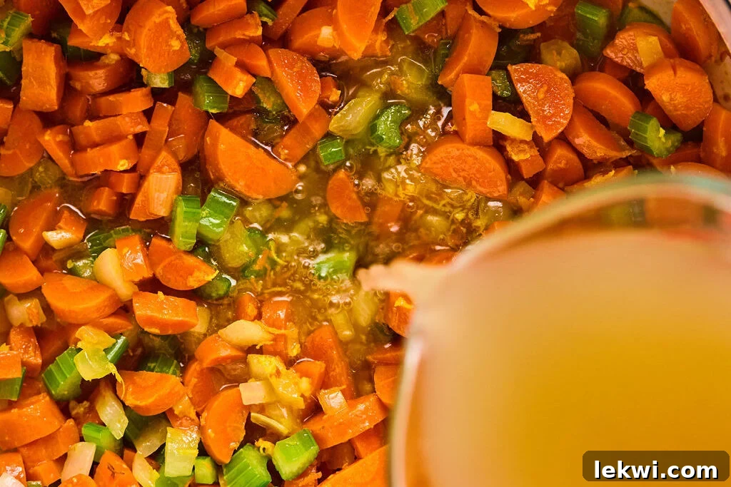 Pouring rich chicken broth into the pot with sautéed vegetables and spices.