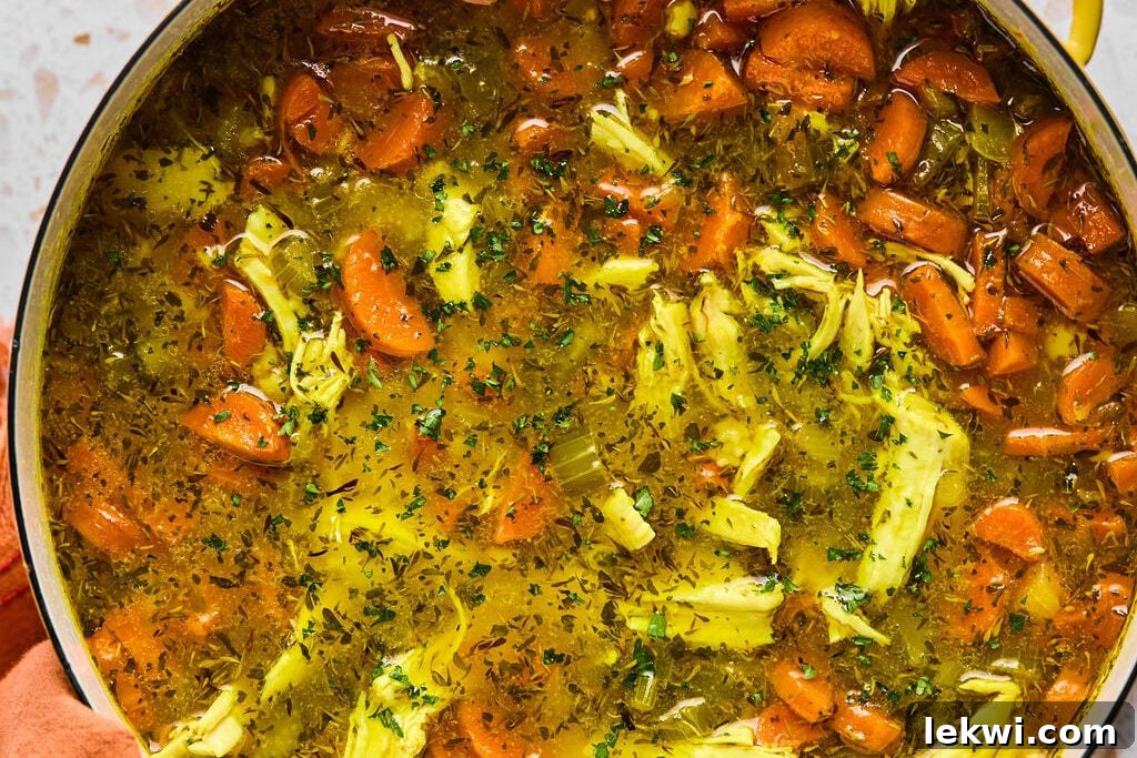A ladleful of the finished lemon turmeric chicken noodle soup in a bowl, garnished with fresh parsley.