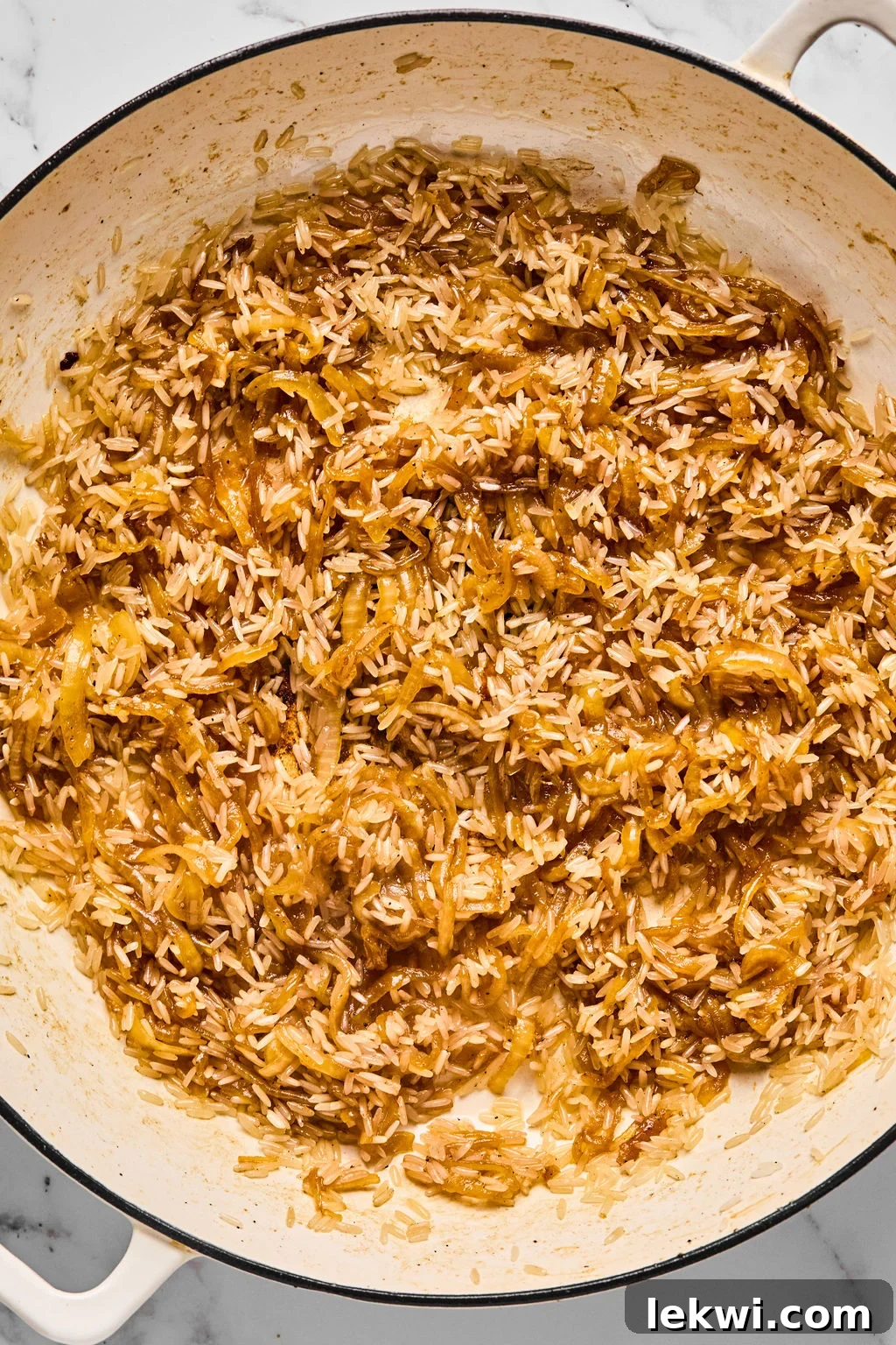 French onion chicken & rice after coming out of the oven, before cheese is added.
