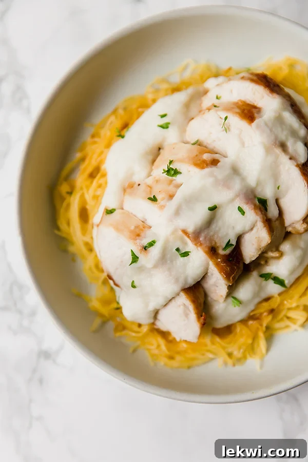 A beautifully presented bowl of Paleo Spaghetti Squash Chicken Alfredo, garnished with fresh parsley.