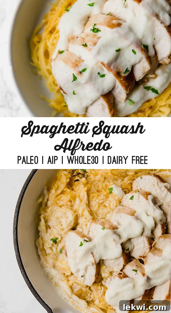 A Pinterest-optimized image featuring AIP Paleo Spaghetti Squash Chicken Alfredo, perfect for sharing dairy-free recipes.