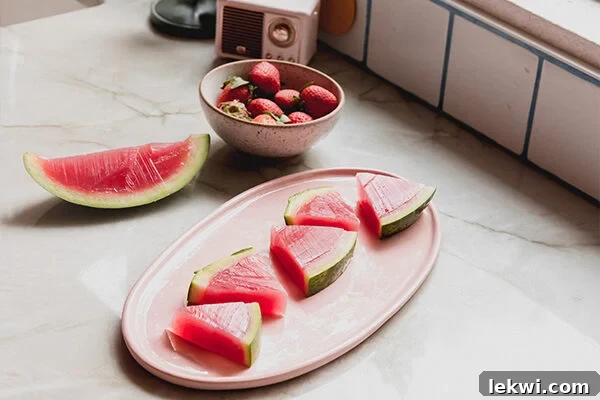 Fun and refreshing Watermelon Jello slices, a natural and alcohol-free treat.