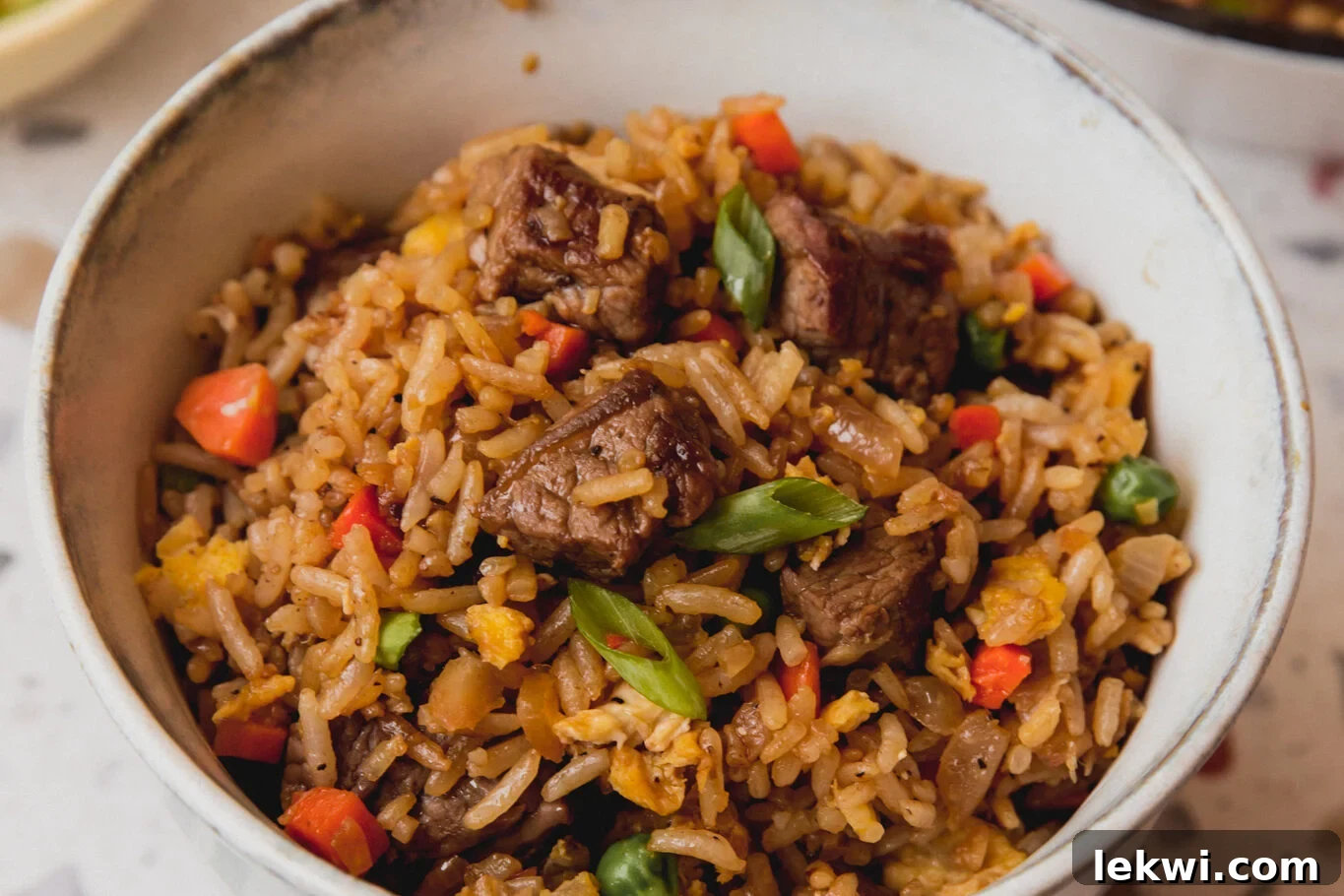 Delicious Gluten-Free Steak Fried Rice in a bowl, garnished with green onion.