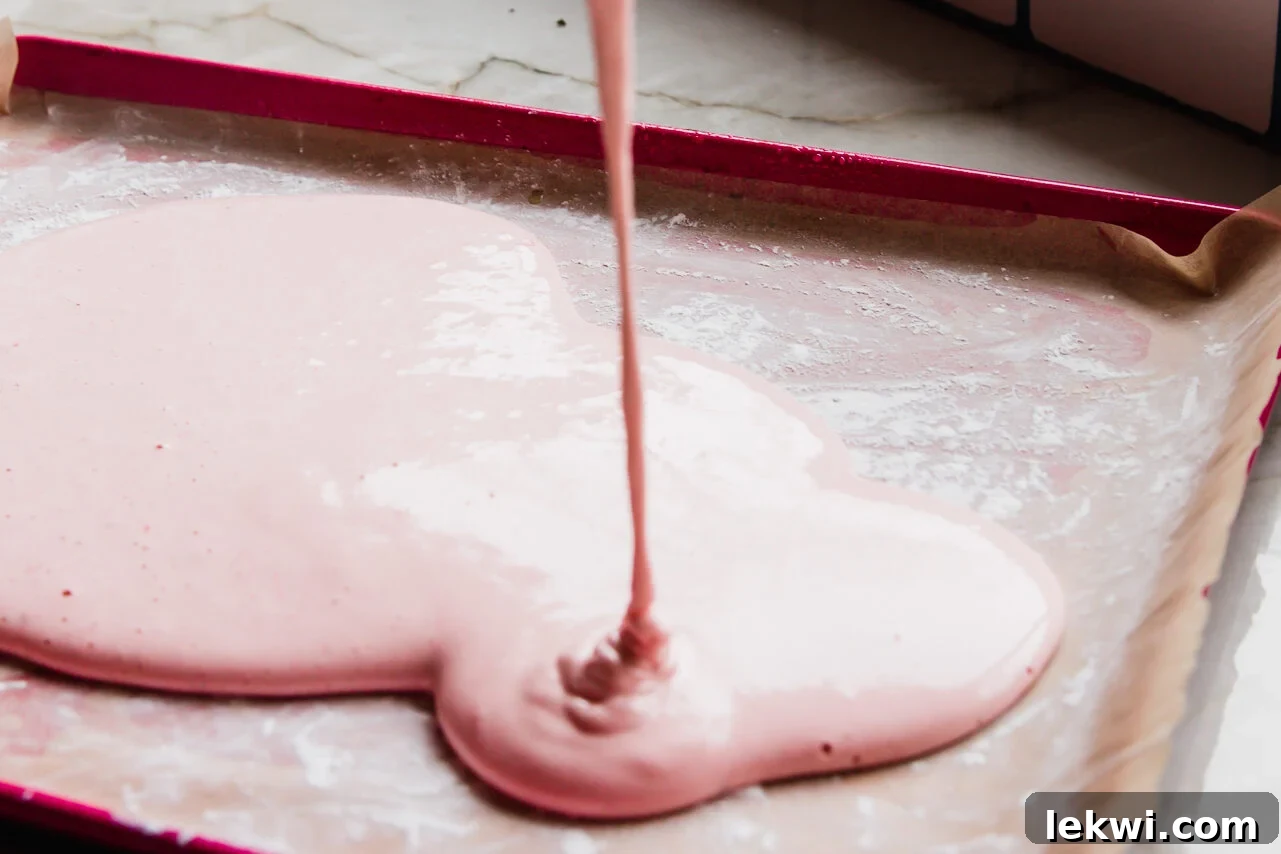 The fluffy, prepared pink marshmallow mixture evenly spread onto a baking sheet lined with parchment paper and lightly dusted with arrowroot starch, ready for chilling.