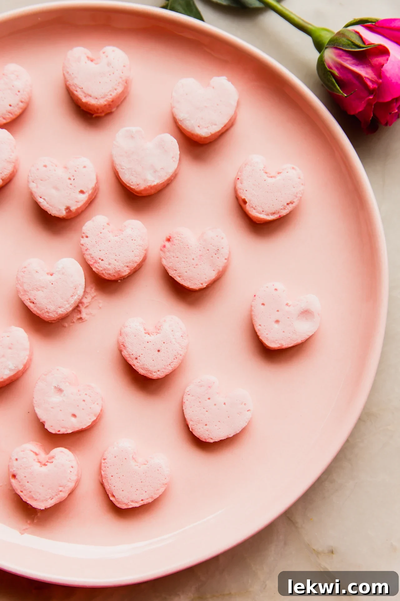 Pink marshmallows in heart shapes on a pink plate.