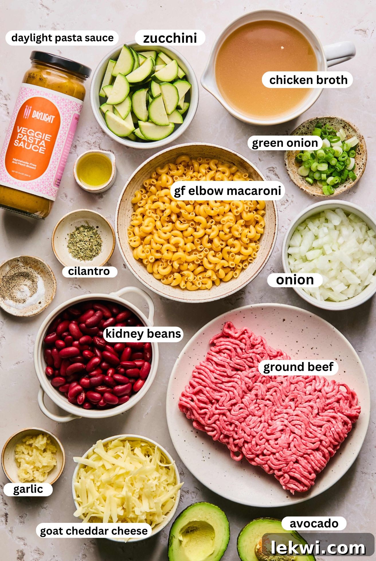 all ingredients for gluten free chili mac, separated and in bowls