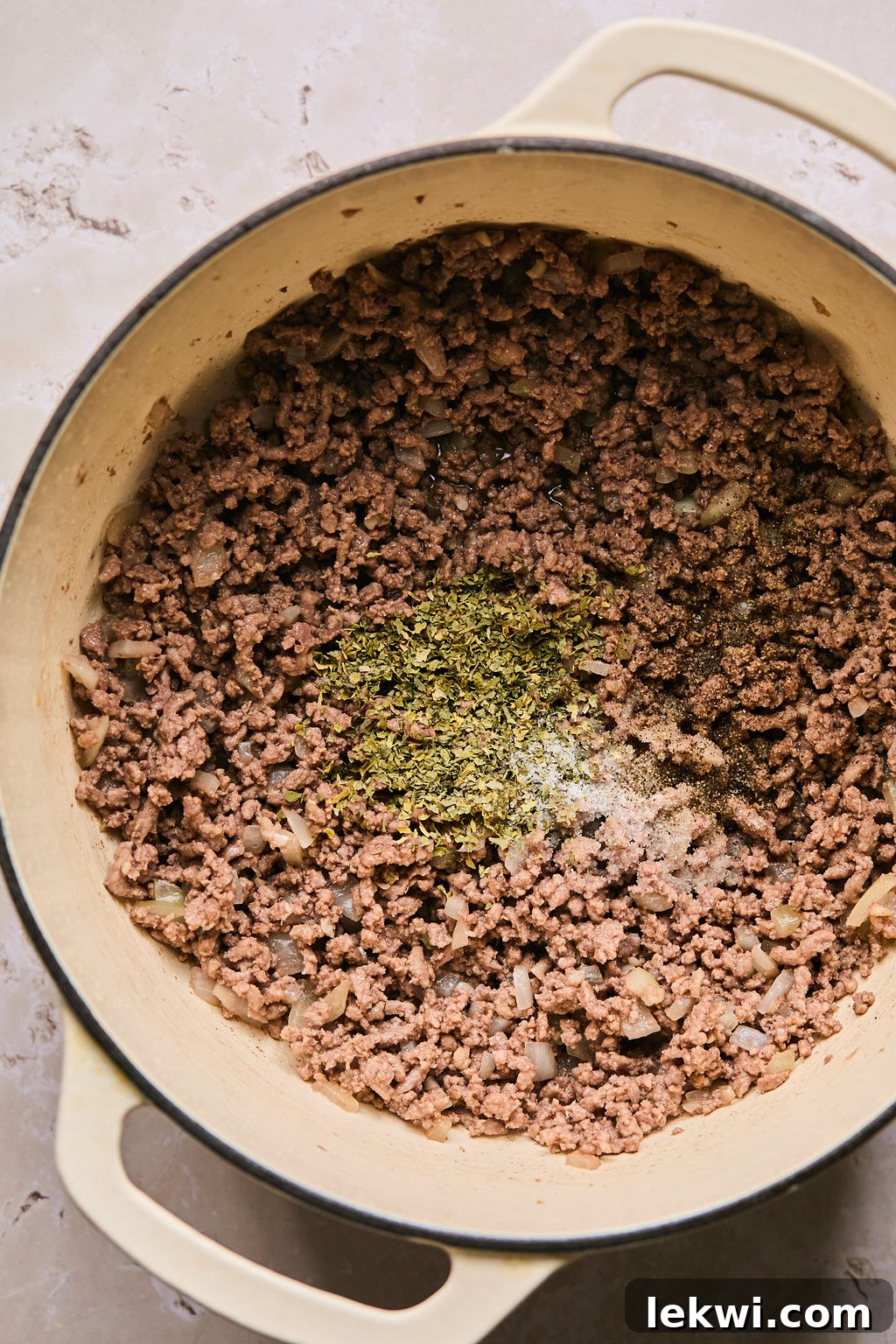 ground beef, onions, and spices sauted on stovetop