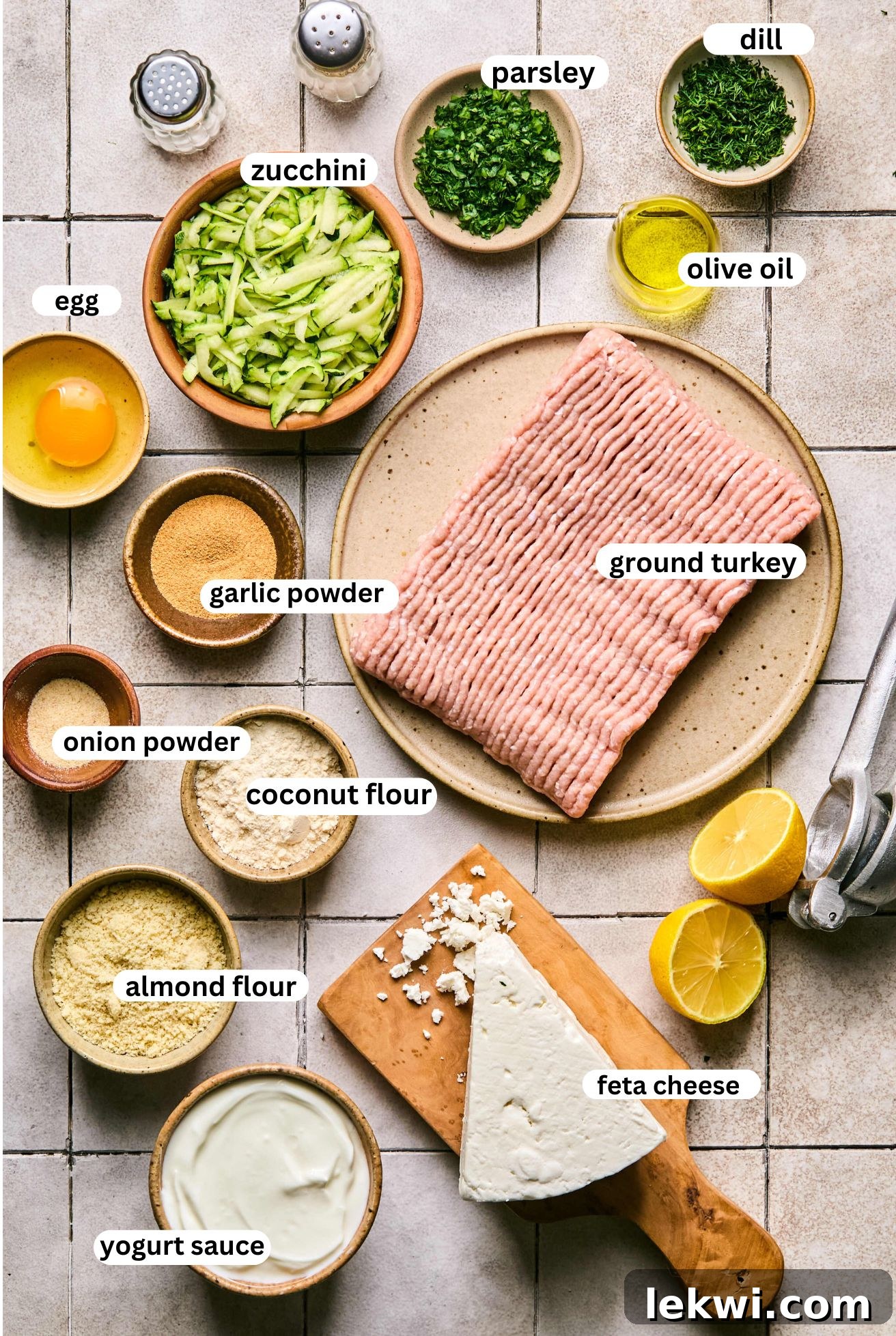 ingredients for turkey feta meatballs, separated and in bowls