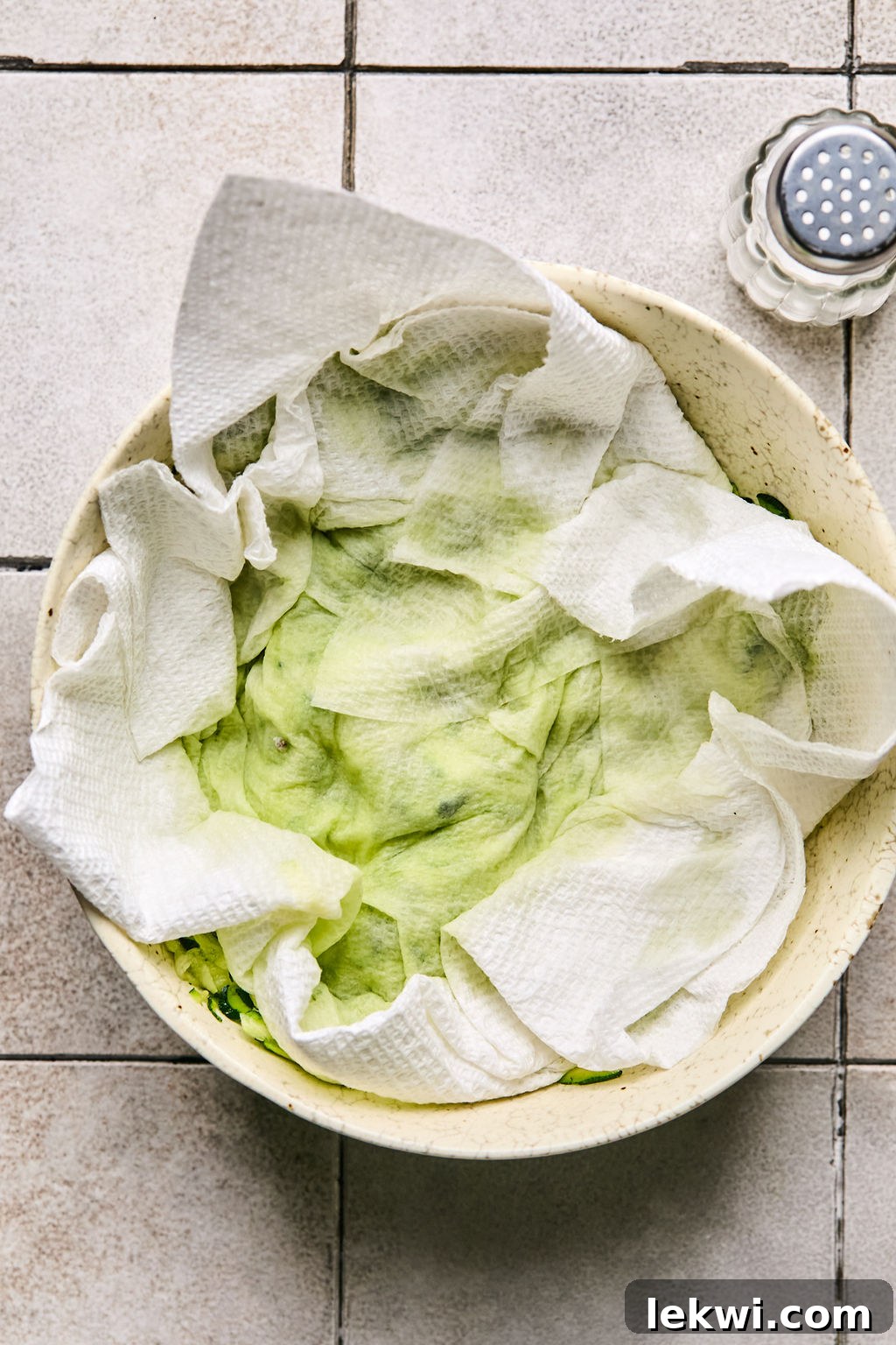 shredded zucchini in a bowl with a paper towel, squeezed for excess water