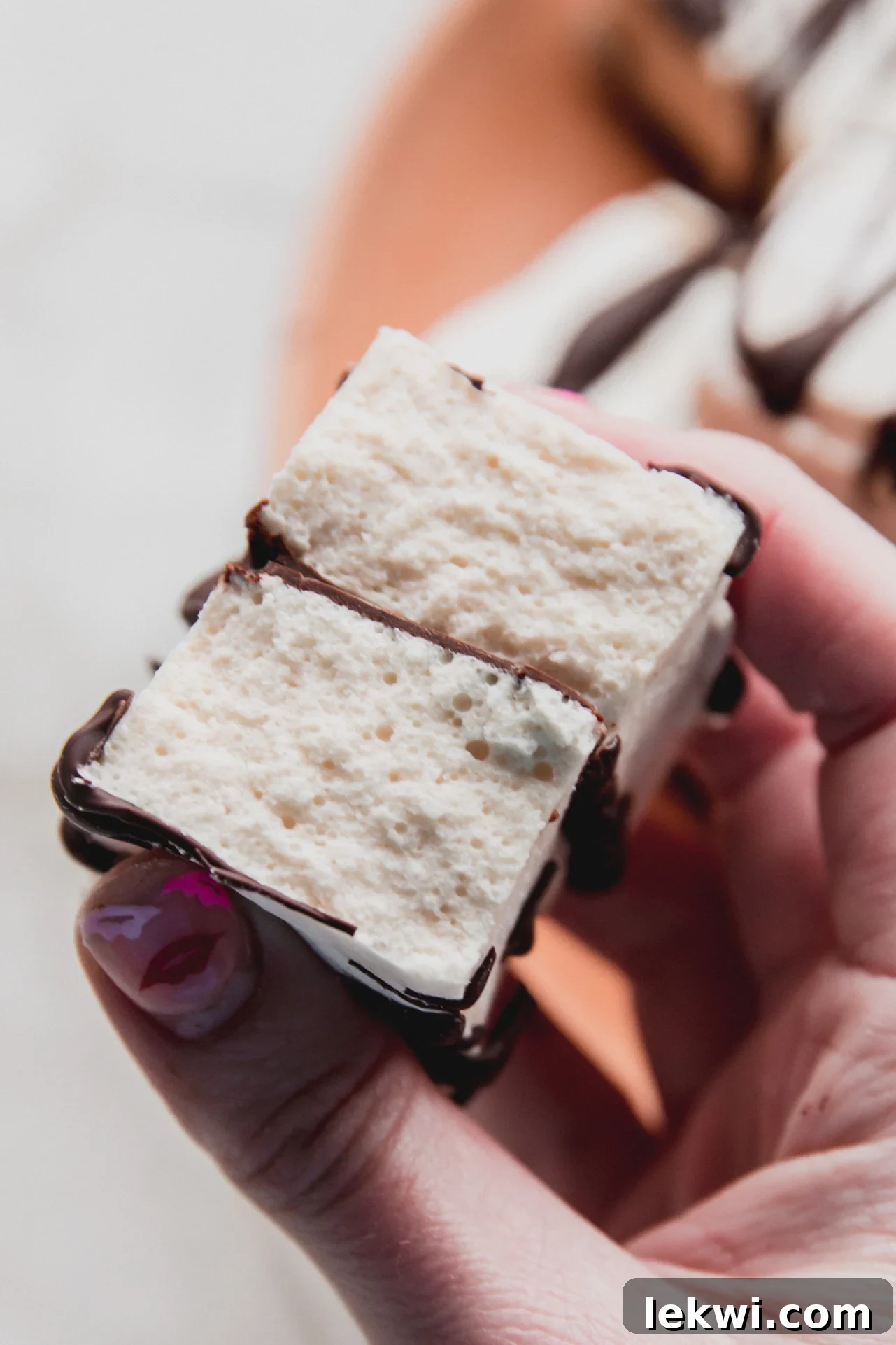 Marshmallow protein bar cut in half.