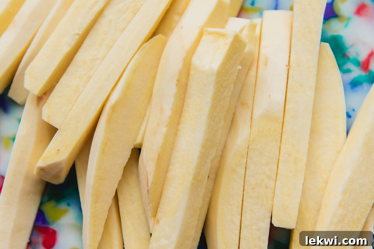 Sliced Japanese sweet potatoes before being seasoned and cooked into fries.