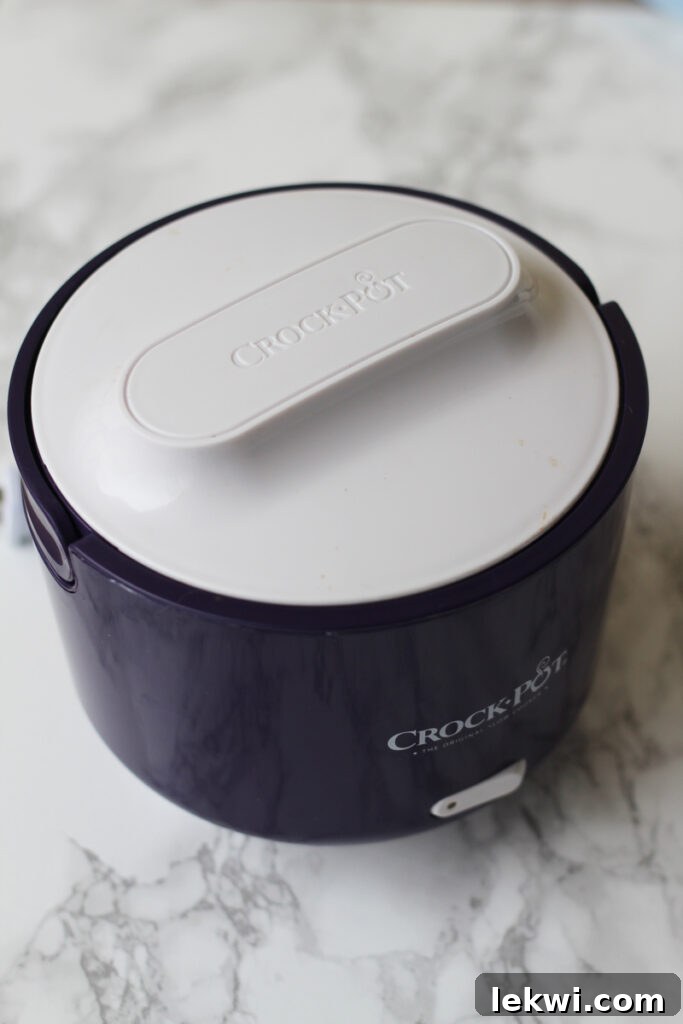 A compact, sealed lunch crockpot sits on a countertop, ready to warm a healthy meal.
