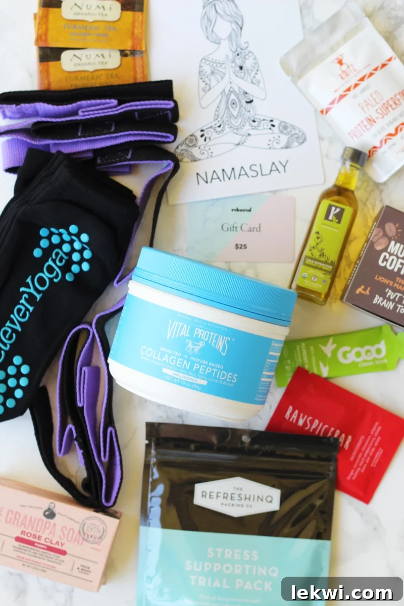 The YBC Mantra Box Winter 2017 unboxed, displaying a harmonious collection of wellness products.