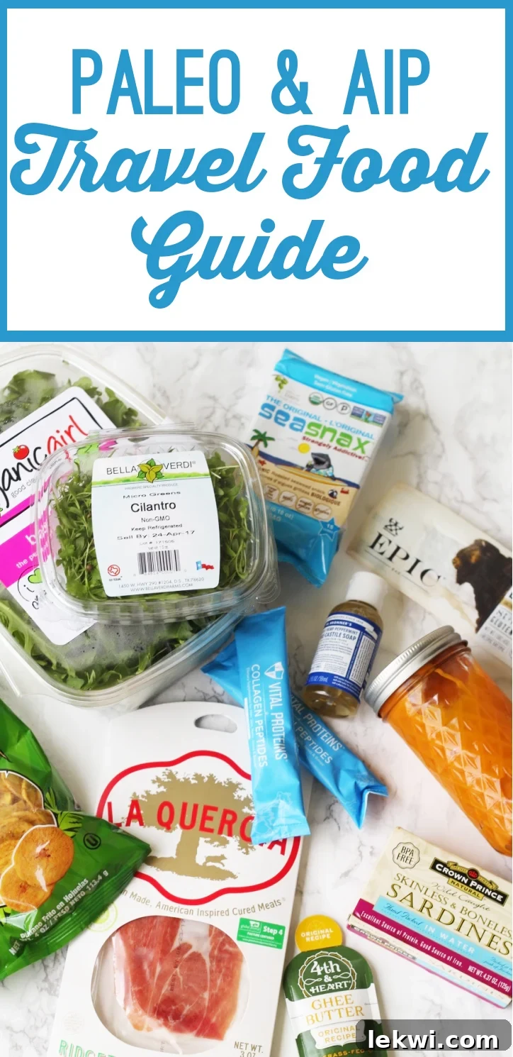 A visual summary and checklist for Paleo and AIP travel food, featuring various healthy snacks and meal components to guide health-conscious travelers.