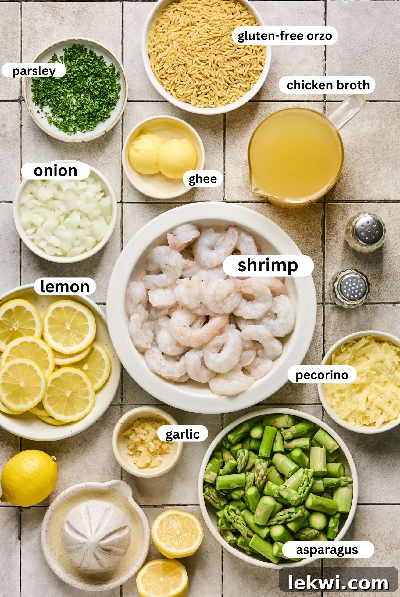 All the fresh ingredients for gluten free lemon shrimp and orzo, meticulously arranged in separate bowls, poised for cooking.