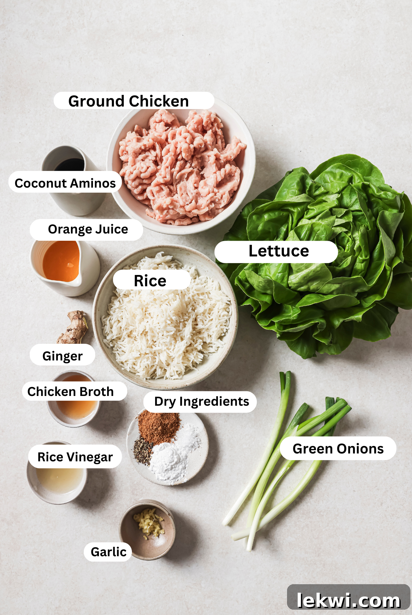 All the ingredients for orange ground chicken lettuce cups.