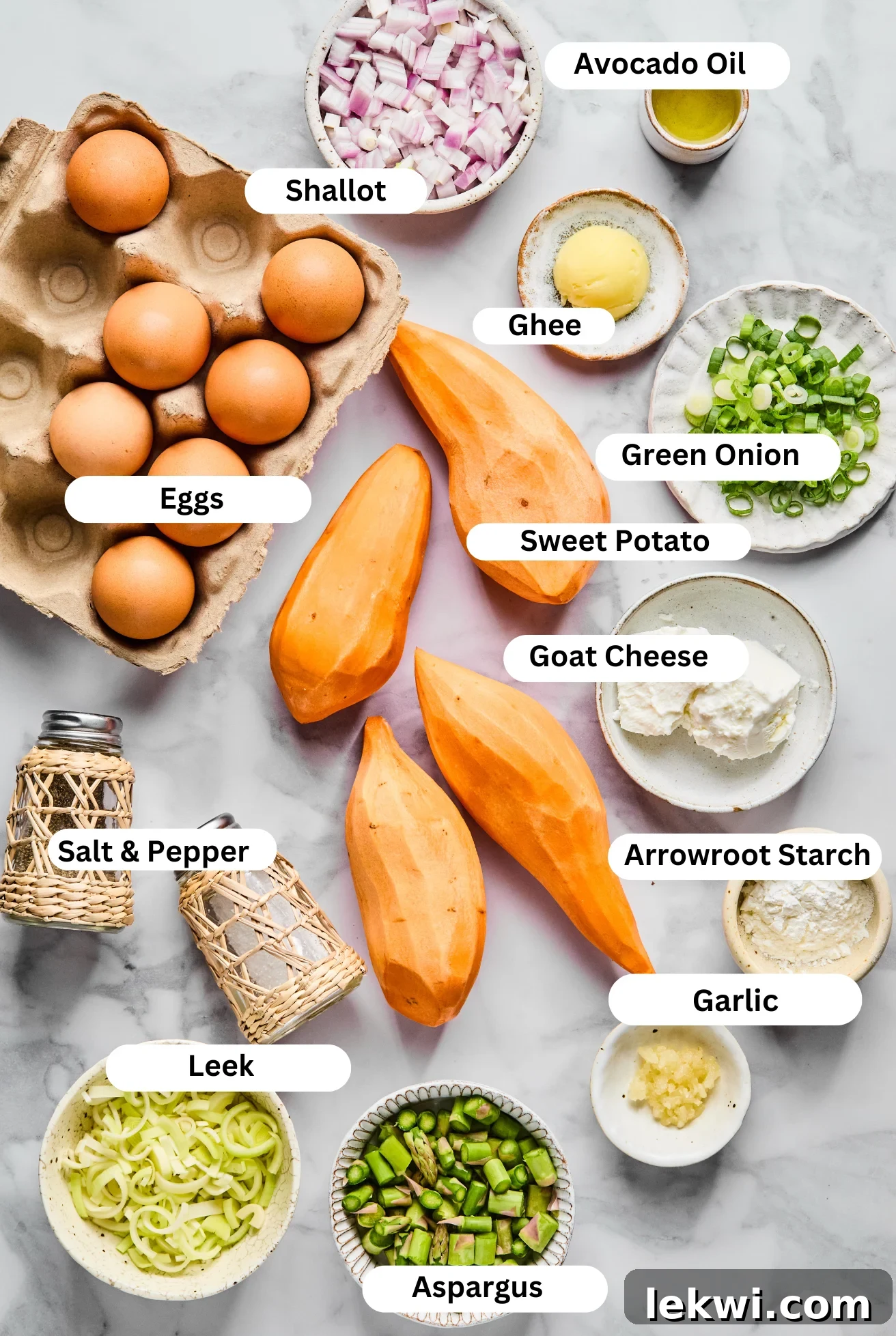All the fresh ingredients for a healthy sweet potato quiche, neatly arranged.