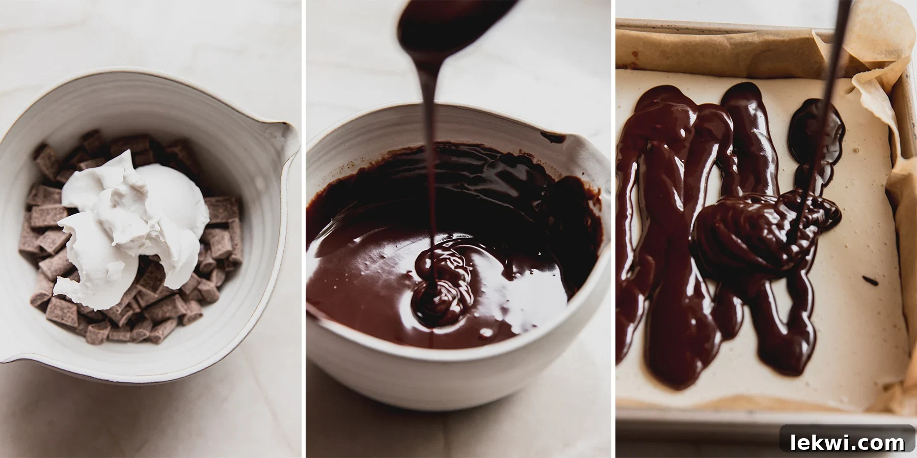 Step by step photos of making the chocolate ganache, showing melted chocolate and coconut cream.