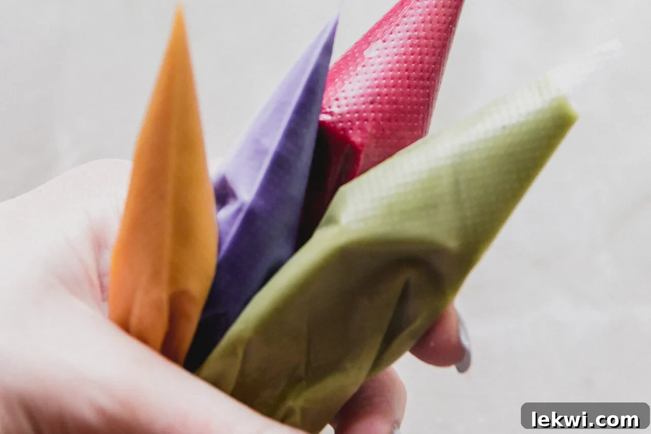 Four piping bags, each filled with a different colored icing paste, tips snipped and ready for piping.
