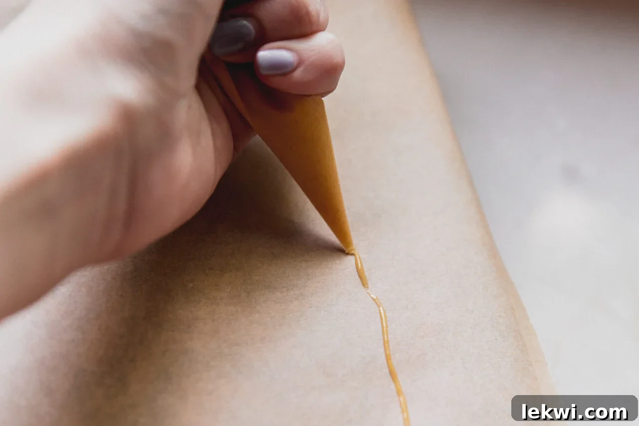 A close-up of a hand skillfully piping a straight line of yellow icing onto a sheet of parchment paper.