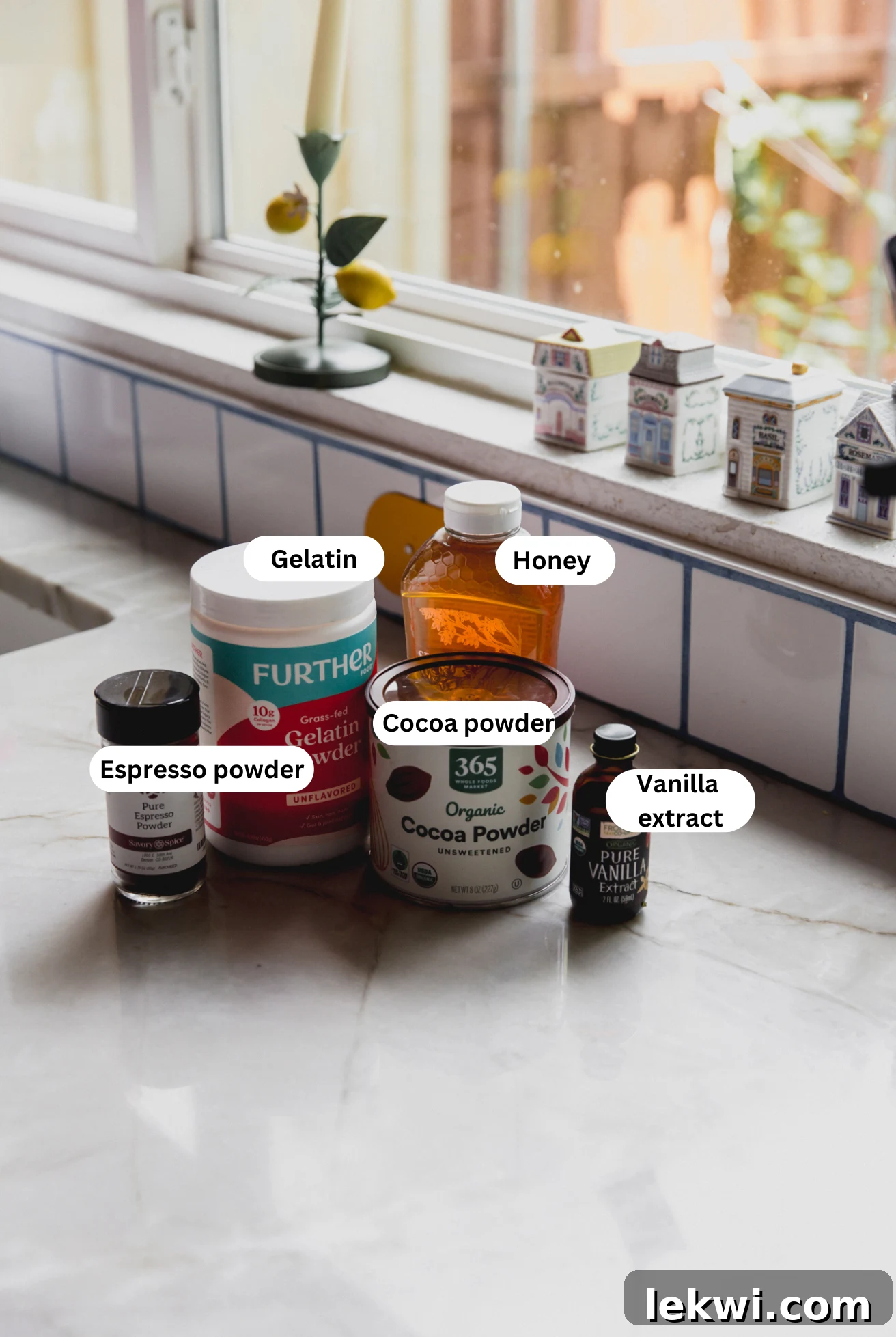 All the ingredients to make chocolate espresso marshmallow fluff.