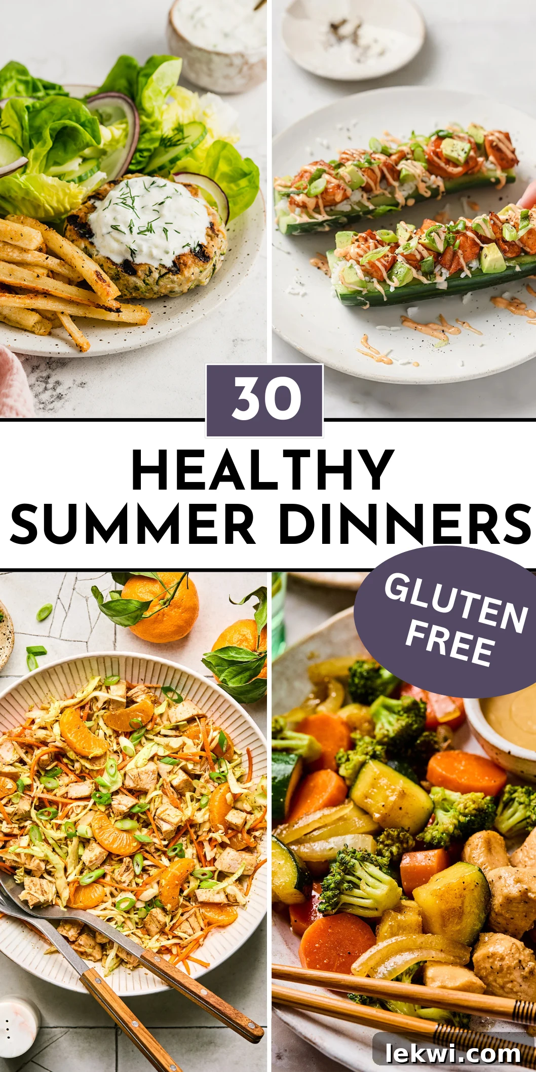 A collage of four healthy summer dinners, showcasing vibrant ingredients and inviting presentations.