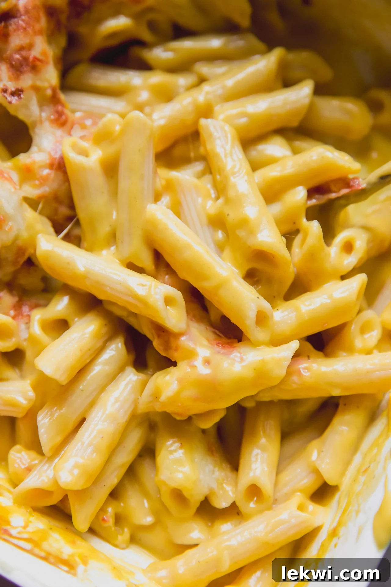 A large baking dish filled with a well-mixed, creamy butternut pasta bake, showing the pasta generously coated in sauce, ready to be served.