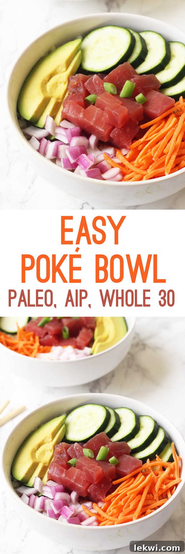 A mouth-watering photo of an easy poke bowl, featuring diced tuna, crisp cucumbers, creamy avocado, red onions, and shredded carrots, with the title "Easy Poke Bowl" artfully overlaid.
