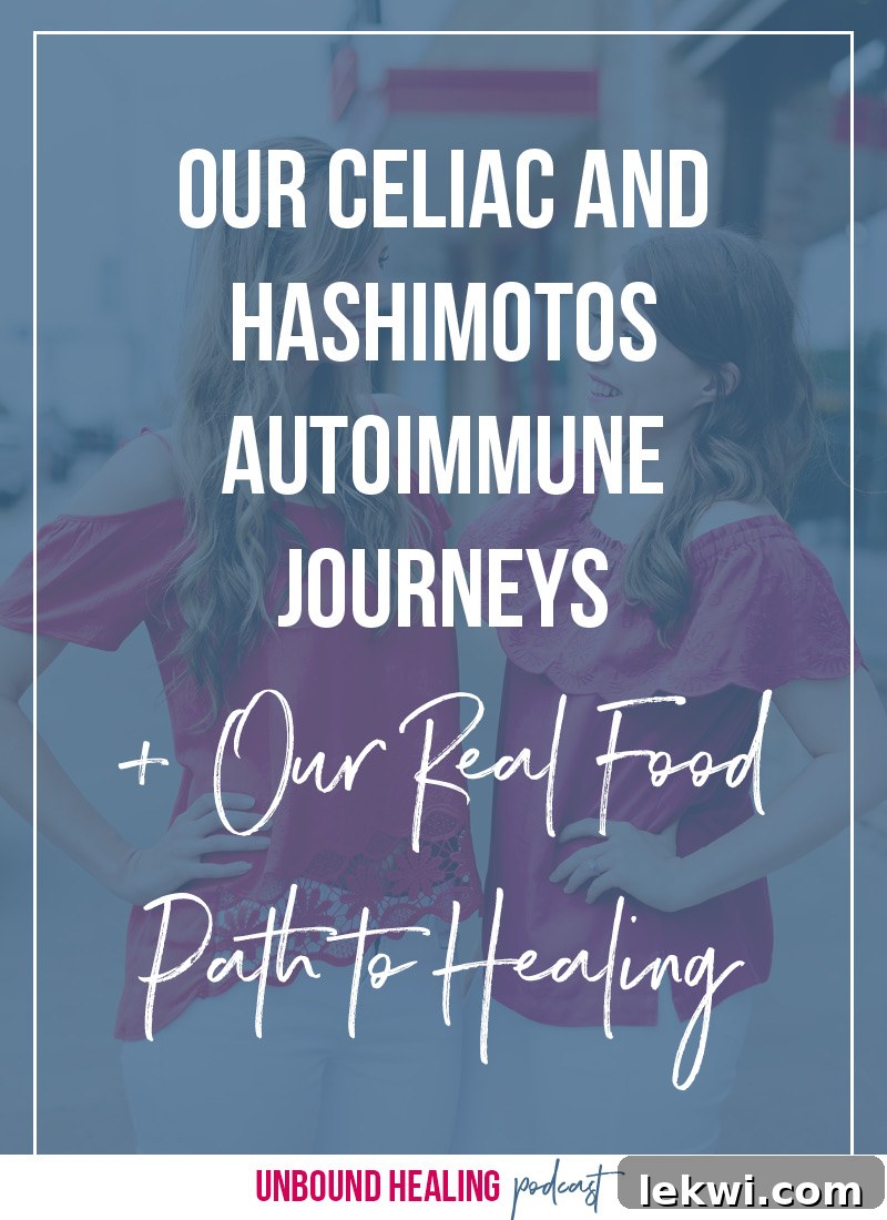 Text saying \"Our Celiac and Hashimoto’s Autoimmune Journeys + Our Real Food Path to Healing\" on top of a blue background, featuring the podcast title and hosts.
