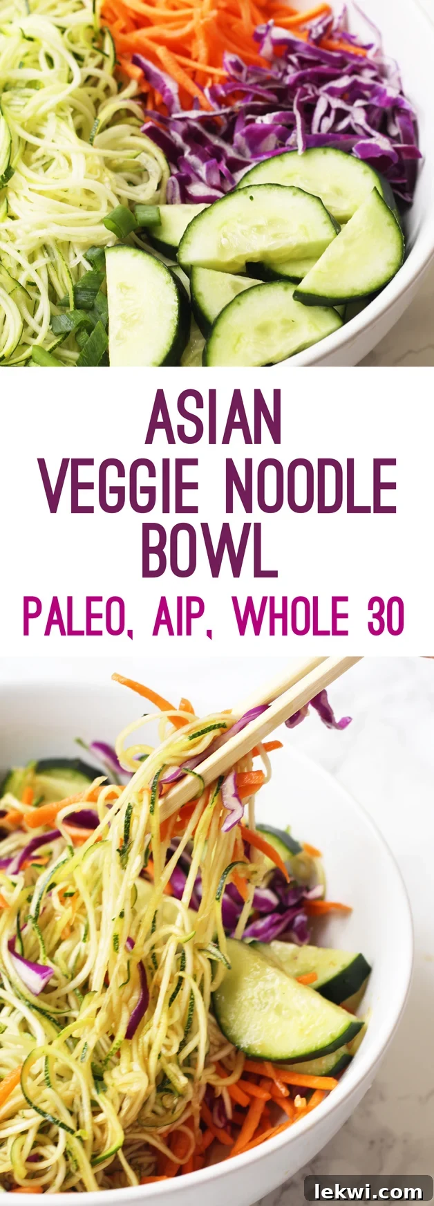 Asian Veggie Noodle Bowl (Whole 30, Paleo, AIP) - A close-up of the fresh and colorful vegetable noodles.