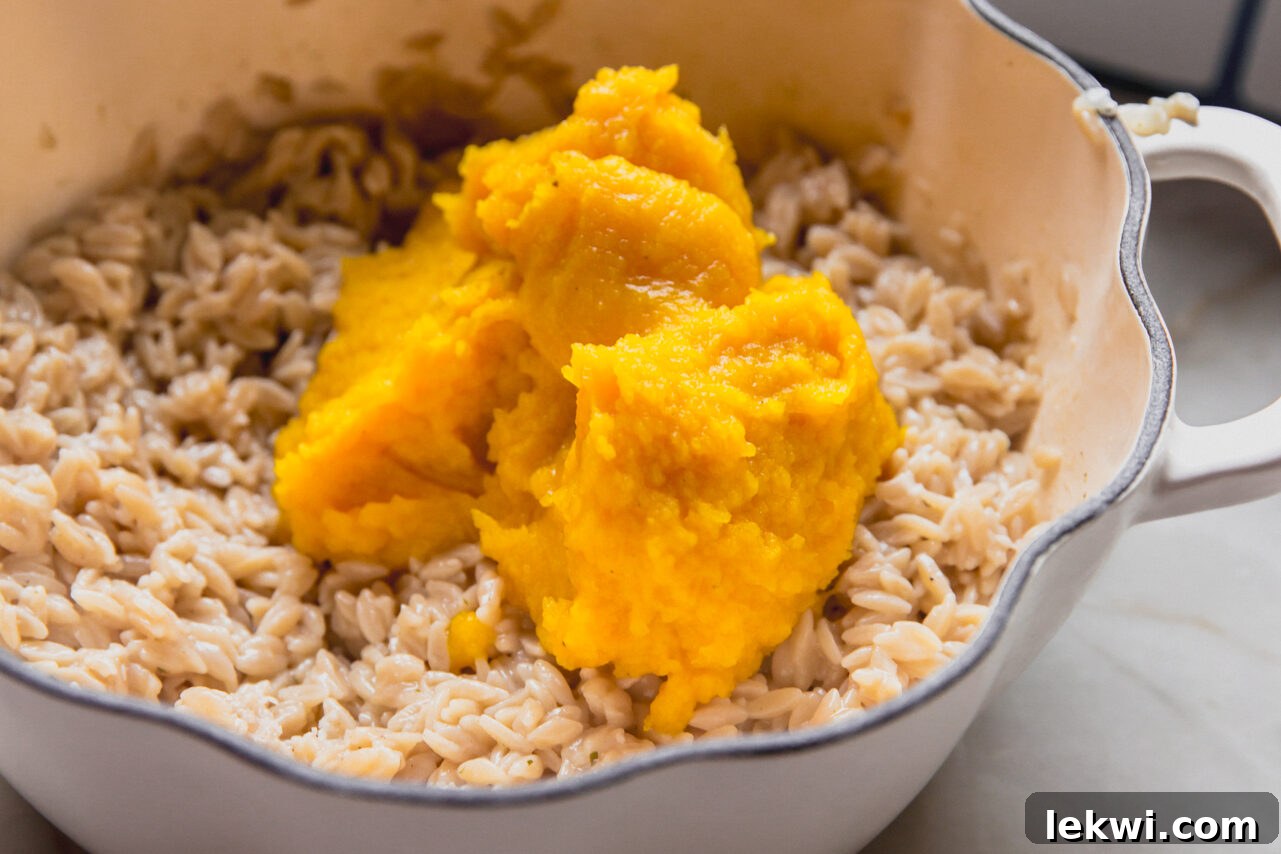 The cooked orzo in a pot, with a dollop of pumpkin puree ready to be mixed in.