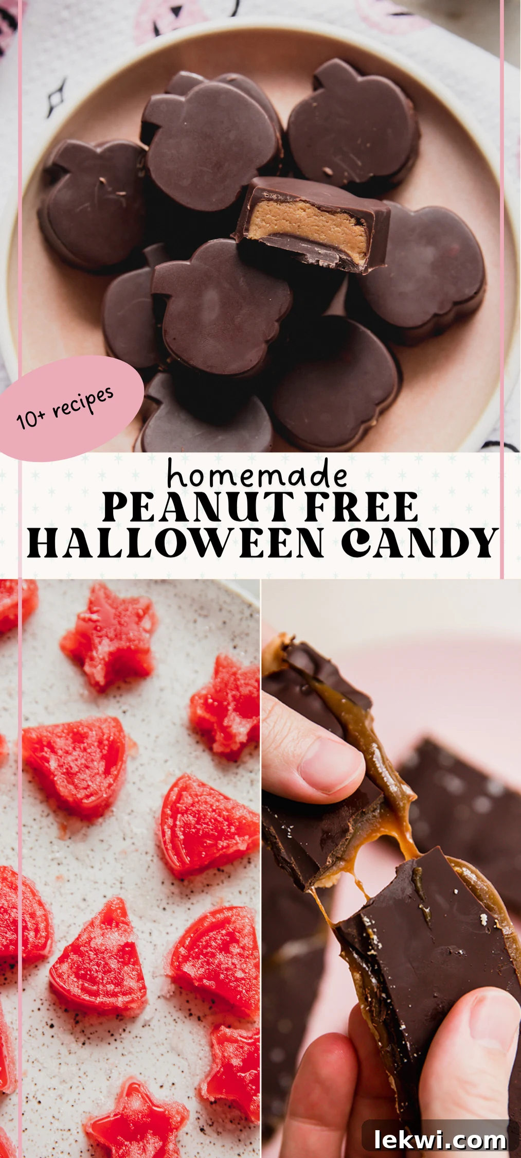 A collage of three vibrant, allergy-friendly Halloween treats: a homemade peanut-free chocolate bar, a festive Halloween spider cookie, and colorful fruit gummies.