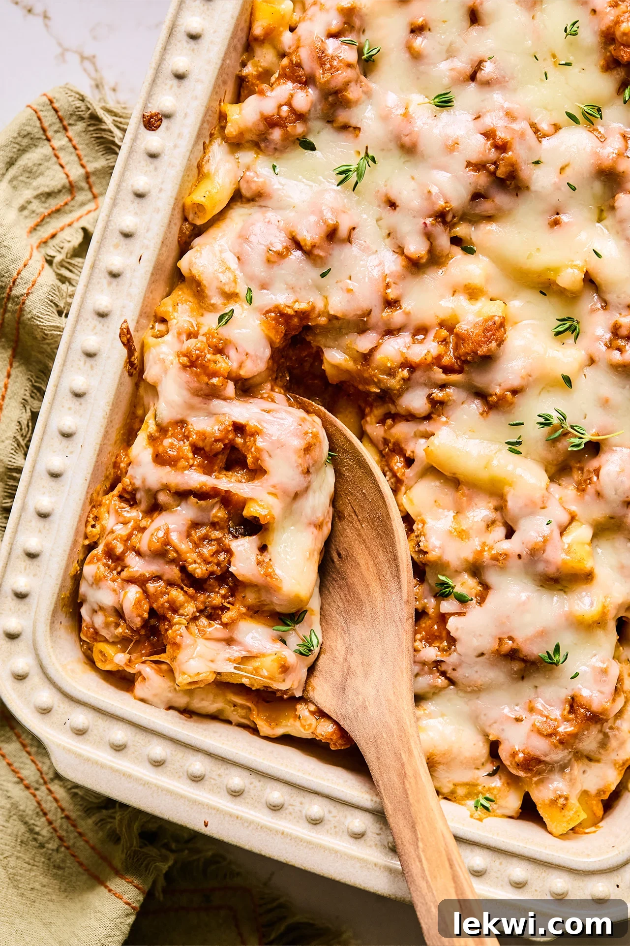 Butternut baked ziti in a casserole dish.