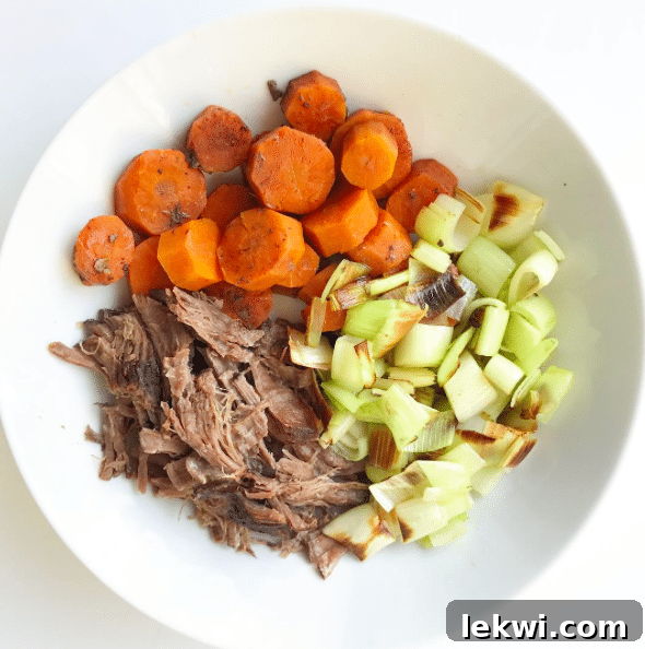 A bowl with shredded beef, roasted carrots, and celery in it.