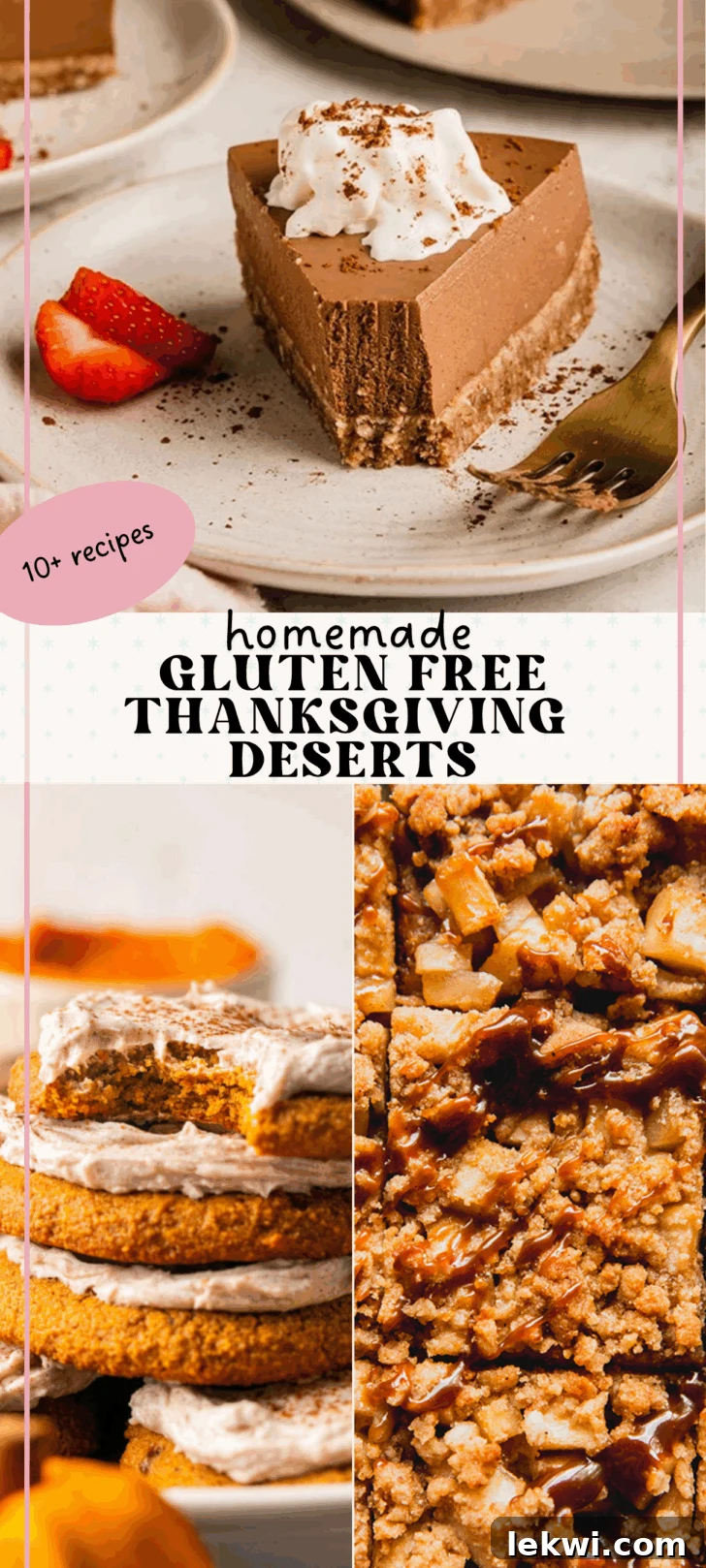 A beautiful collage of gluten-free Thanksgiving dessert photos, featuring various pies, cakes, and cookies.