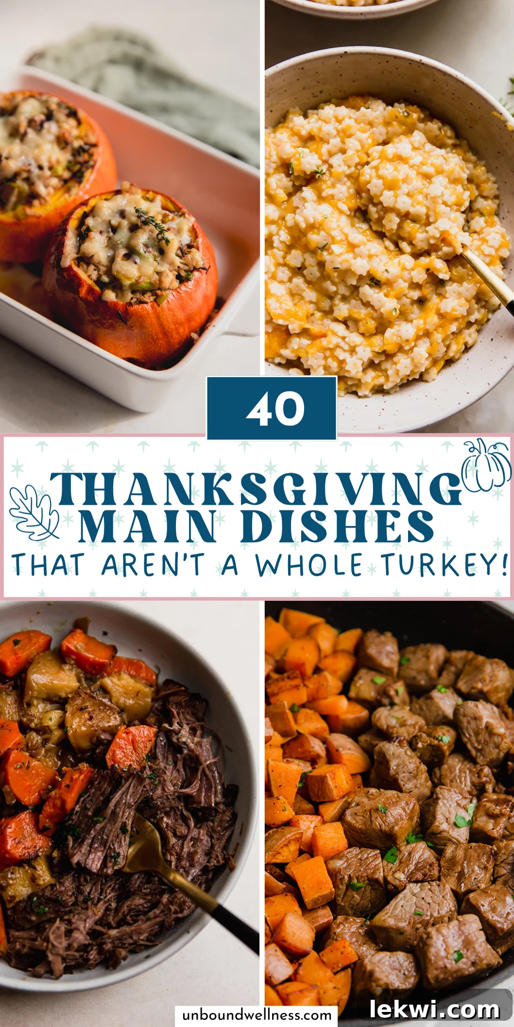 Four Thanksgiving dishes stacked into a collage, showcasing diverse main course options.