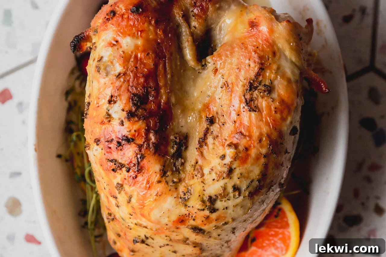 The finished maple dijon turkey breast presented in a white ceramic bowl with greens and orange slices, ready to serve.